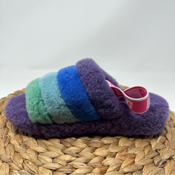 Ugg Womens Yeah Slides Purple Green Fluff Slingback Sandals Slippers Size 7 - Picture 2 of 8